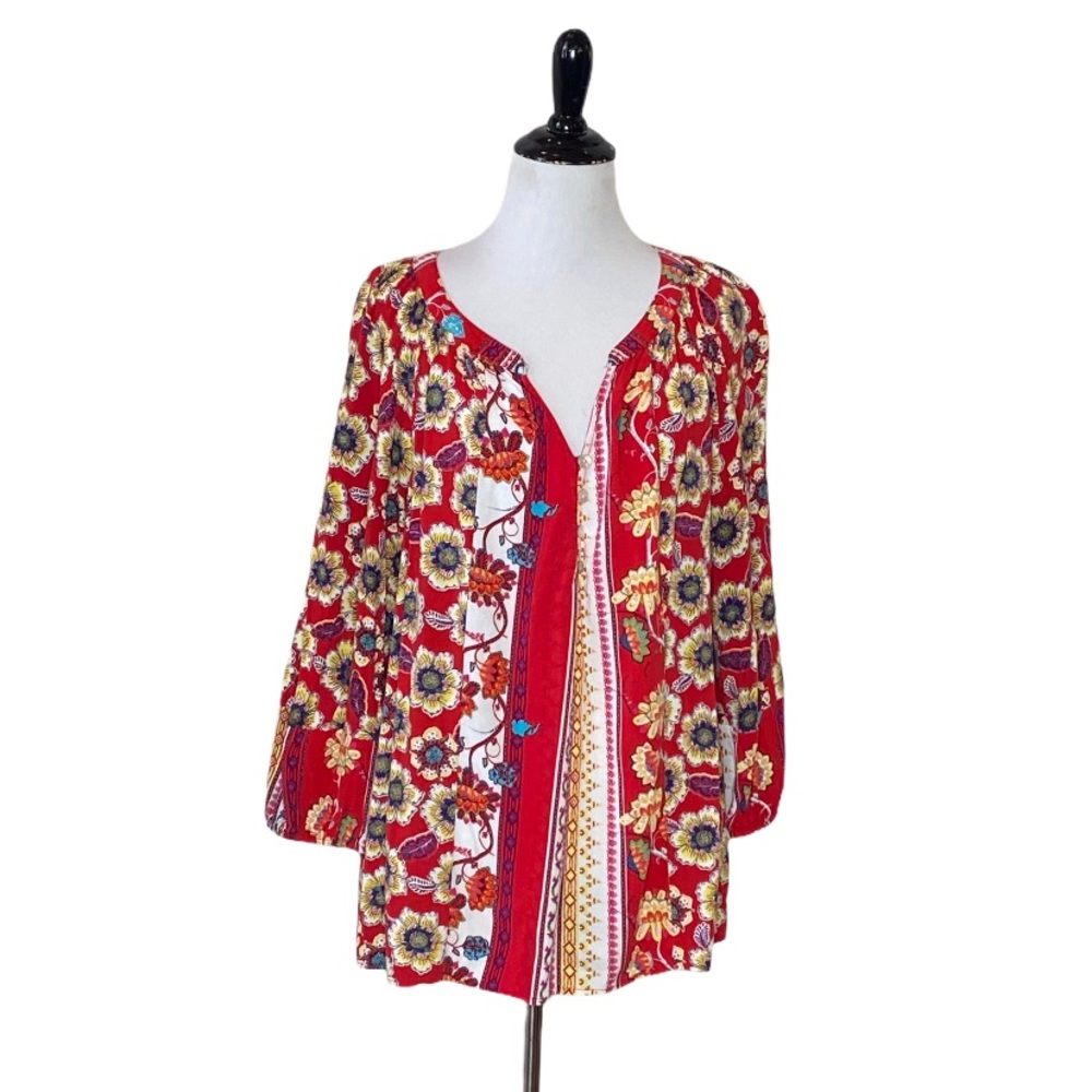 Fig & Flower Red Floral Split Neck Blouse Size XL